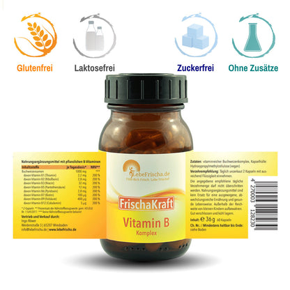 Auf unserem Produktetikett findest du alle Angaben für unser Vitamin B-Komplex Präparat