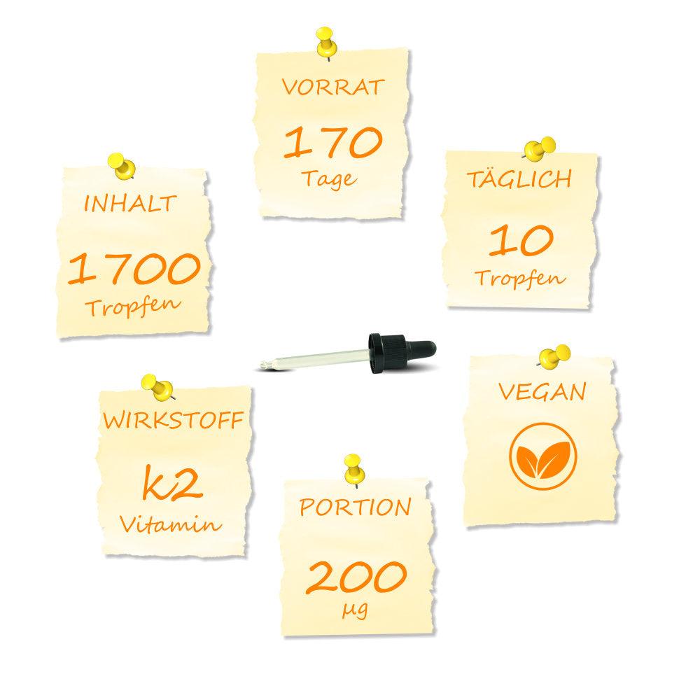 Wenn du täglich 10 Tropfen einnimmst, profitierst du 170 Tage lang von 200µg Vitamin K2