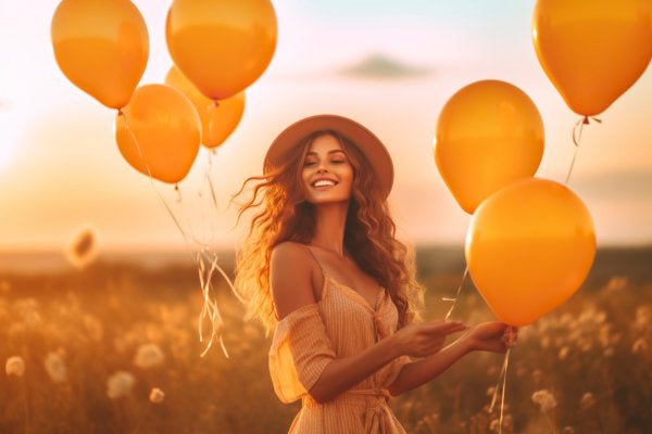 Glückliche Frau mit Luftballons in freier Natur - Symbolisiert Zufriedenheit