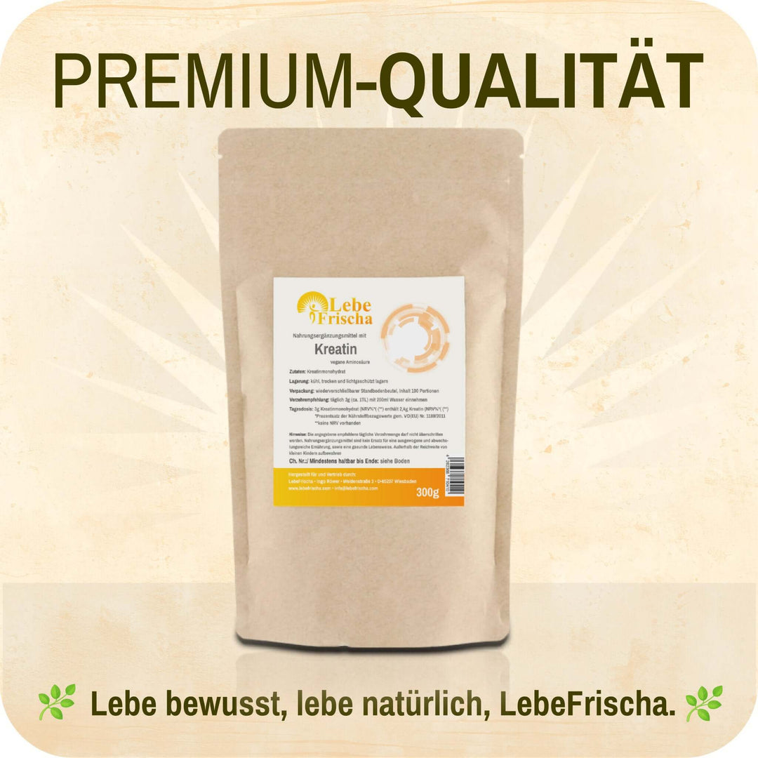 LebeFrischa Kreatin - Premiumqualität und reine Inhaltsstoffe sorgen für Transparenz.