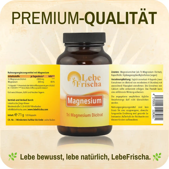 LebeFrischa Magnesium - Premiumqualität und reine Inhaltsstoffe sorgen für Transparenz.