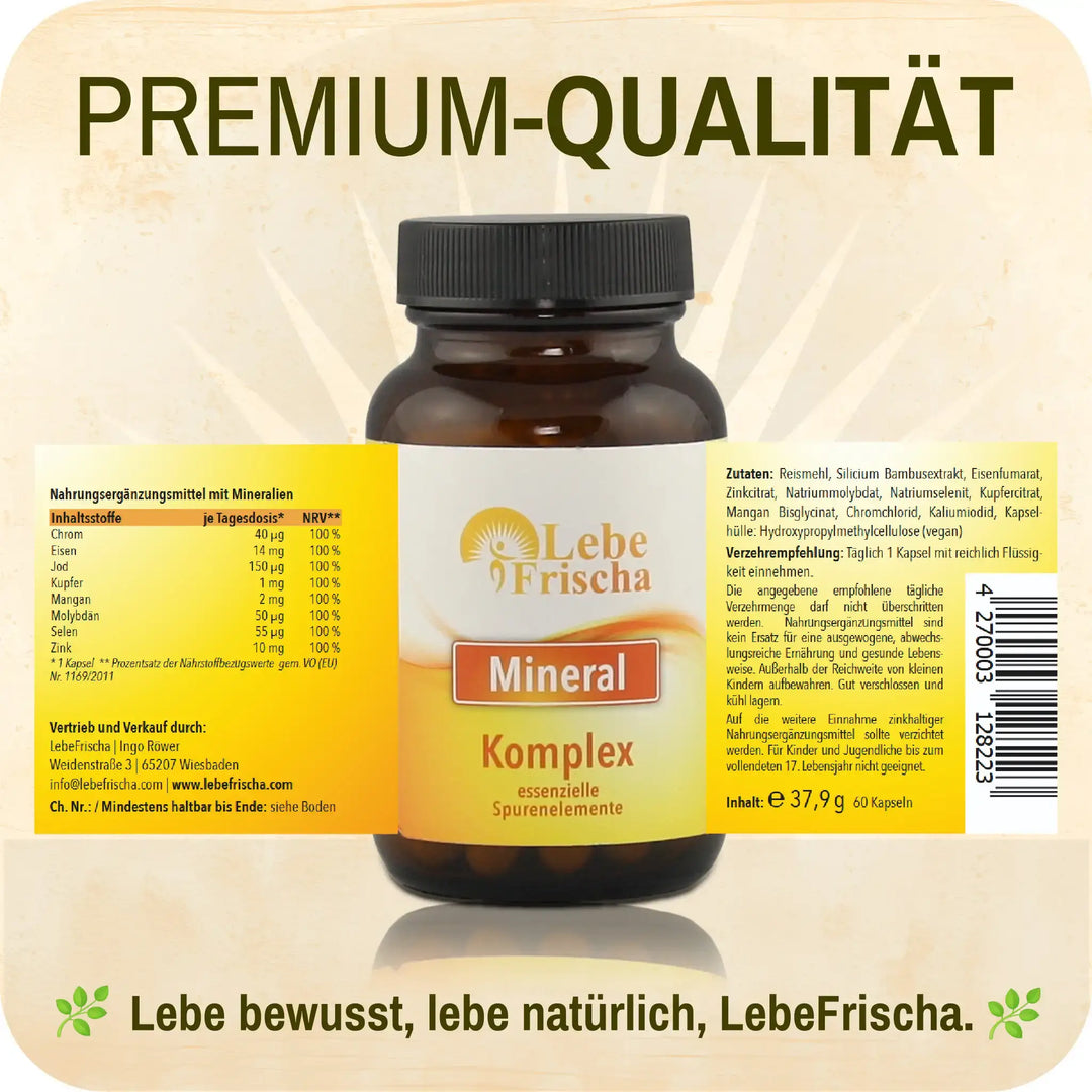 LebeFrischa Mineral Komplex - Premiumqualität und reine Inhaltsstoffe sorgen für Transparenz.