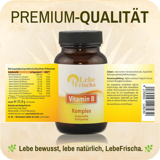 LebeFrischa Vitamin B Komplex - Premiumqualität und reine Inhaltsstoffe sorgen für Transparenz.