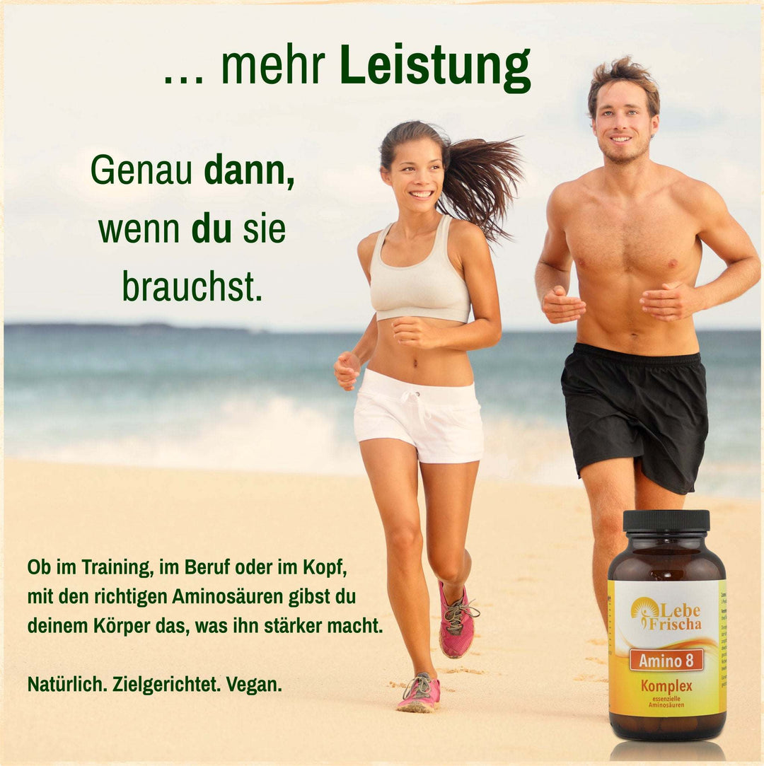 Mit essenziellen Aminosäuren von LebeFrischa steigerst du deine Leistung. Ideal vor oder nach dem Training eingenommen.