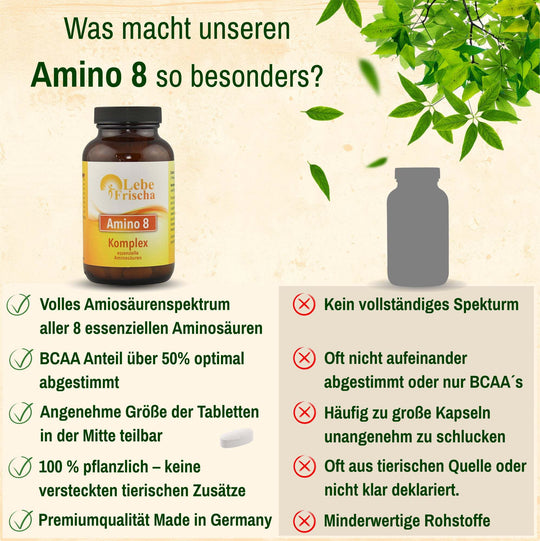 Das macht unsere essenzielle Aminosäuren von LebeFrischa so besonders. Volles Aminosäurenspektrum, ohne Zusätze, vegan, Made in Germany.