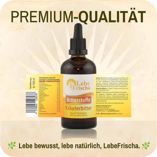 Unsere hochwertigen Bittertropfen sind aus 21 Kräuter- und Pflanzenextrakten gewonnen.