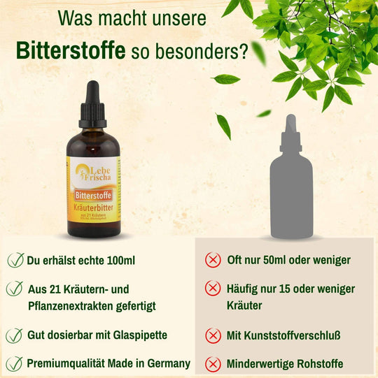 Das macht unsere LebeFrischa Bitterstoffe Tropfen so besonders. Echte 100ml, 21 Kräuter, einfach zu dosieren, Made in Germany.