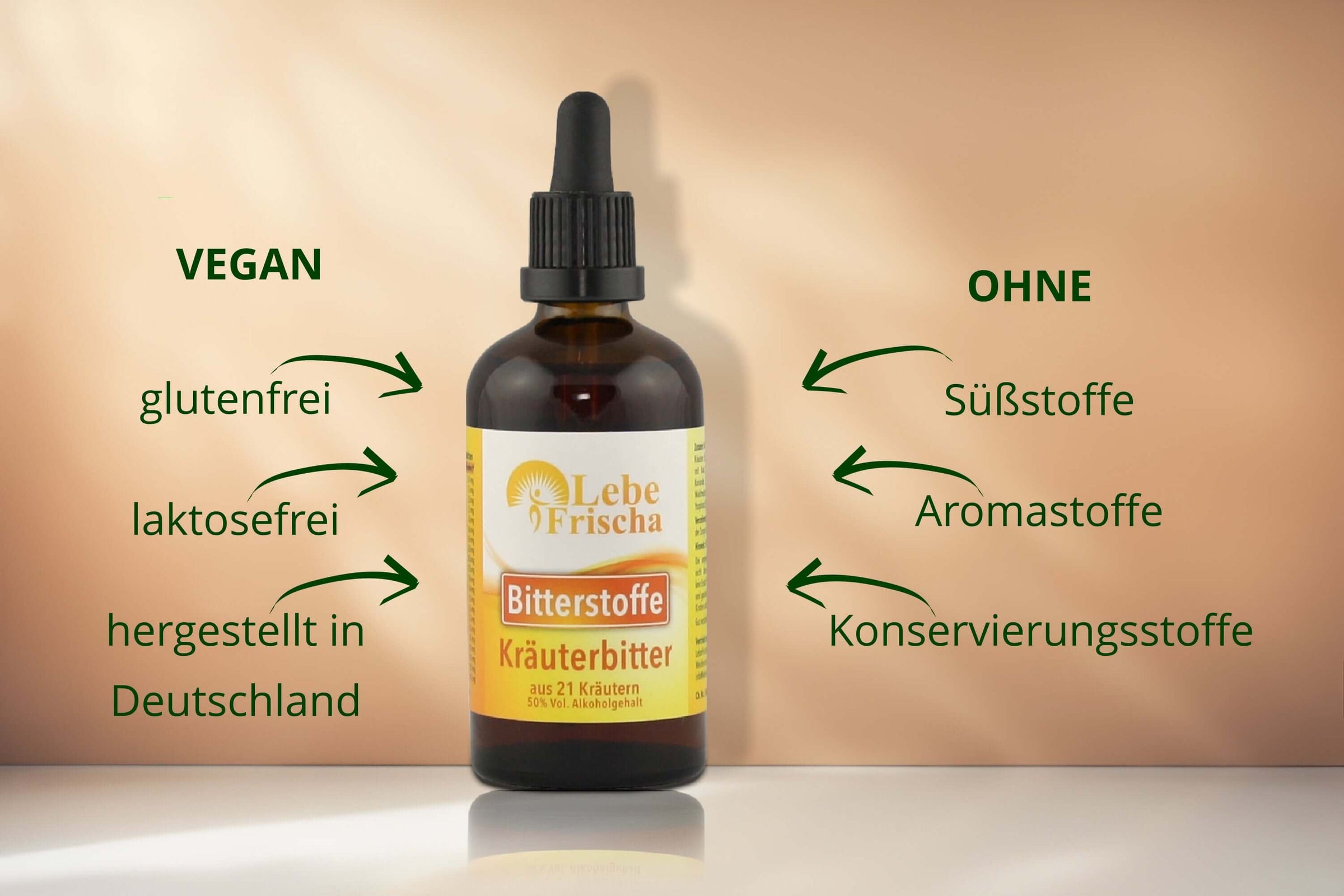 LebeFrischa Bitterstoffe sind vegan, in Deutschland hergestellt und kommen ohne Zusätze aus.