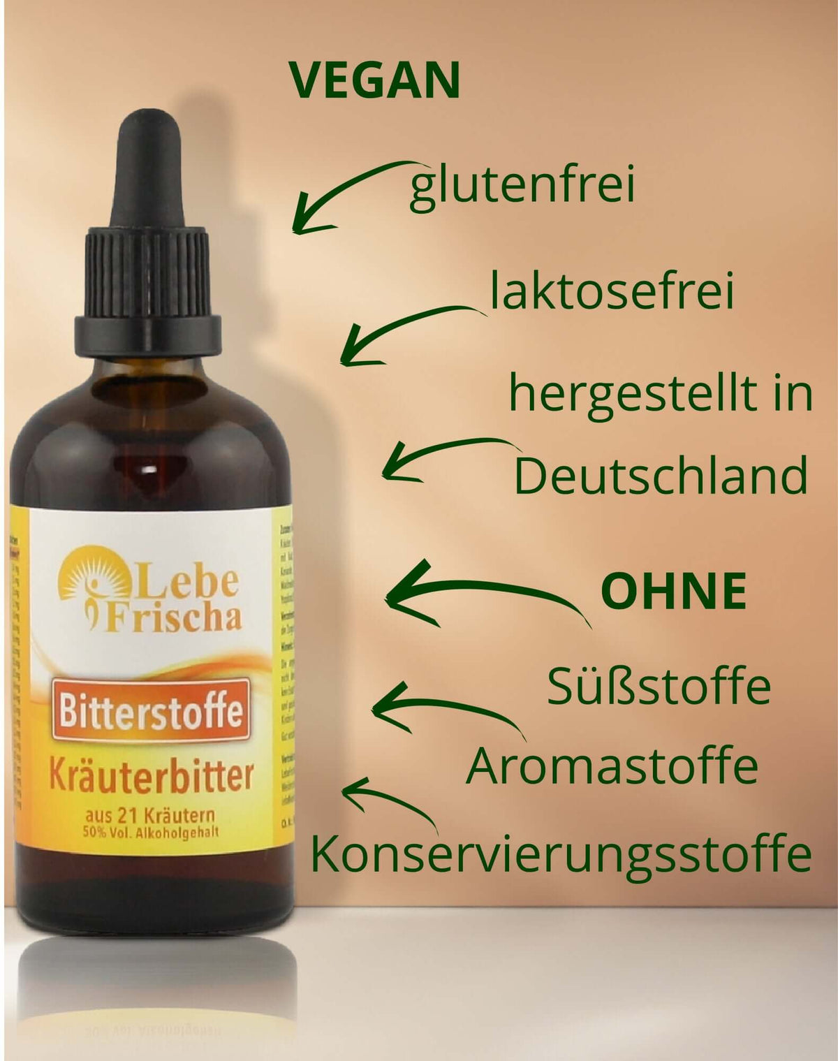 LebeFrischa Bitterstoffe sind vegan, in Deutschland hergestellt und kommen ohne Zusätze aus.