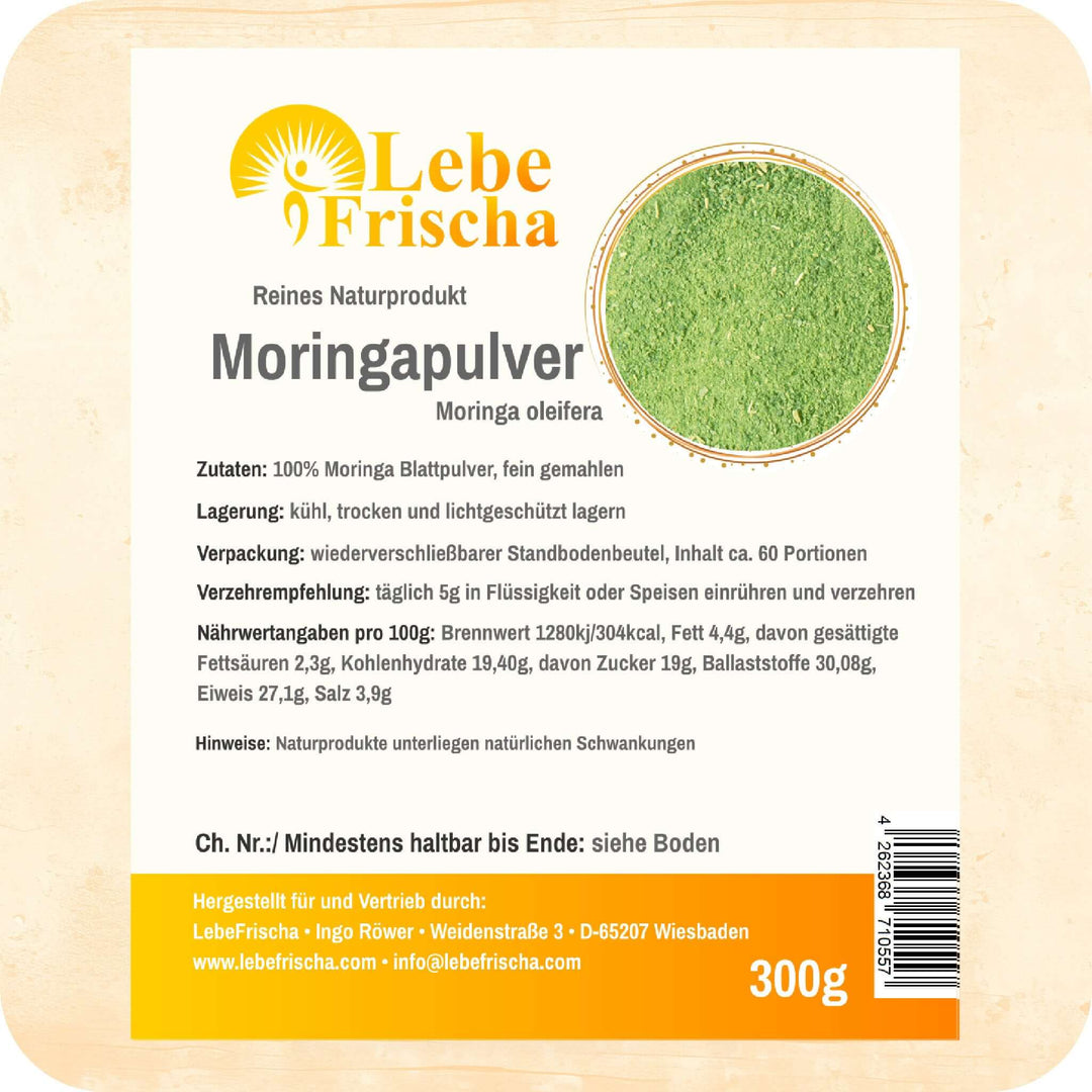 LebeFrischa Moringa Pulver gemahlen in der 500 g Einheit in Rohkostqualität.