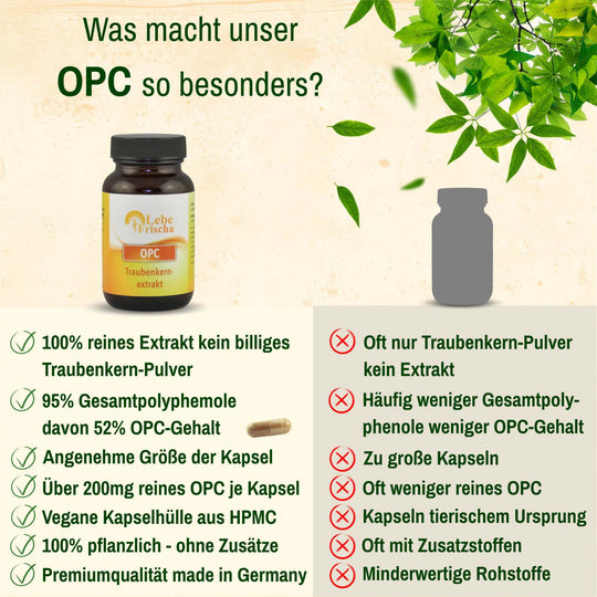 Was macht unser LebeFrischa OPC Traubenkernextrakt so besonders? 100% Extrakt, vegan, made in Germany.