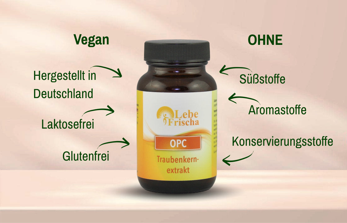 Unser LebeFrischa OPC Traubenkernextrakt ist vegan, hergestellt in Deutschland und kommt ohne Zusätze aus.