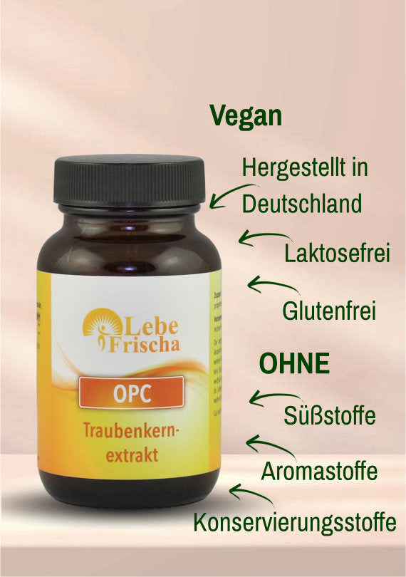 Unser LebeFrischa OPC Traubenkernextrakt ist vegan, hergestellt in Deutschland und kommt ohne Zusätze aus.