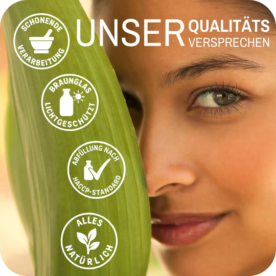 Unsere Produkte werden nach höchsten Qualitätsstandards hergestellt. Schonend verarbeitet und in Braungläsern abgefüllt.