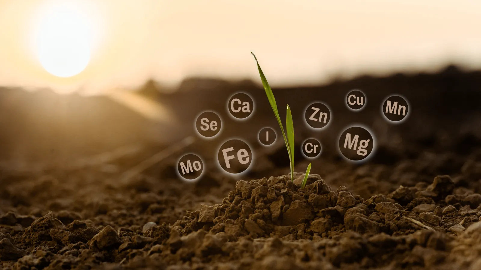 Aus Erde wachsender Keim mit Symbolen chemischer Elemente – Symbol für natürliche Mineralstoffquellen
