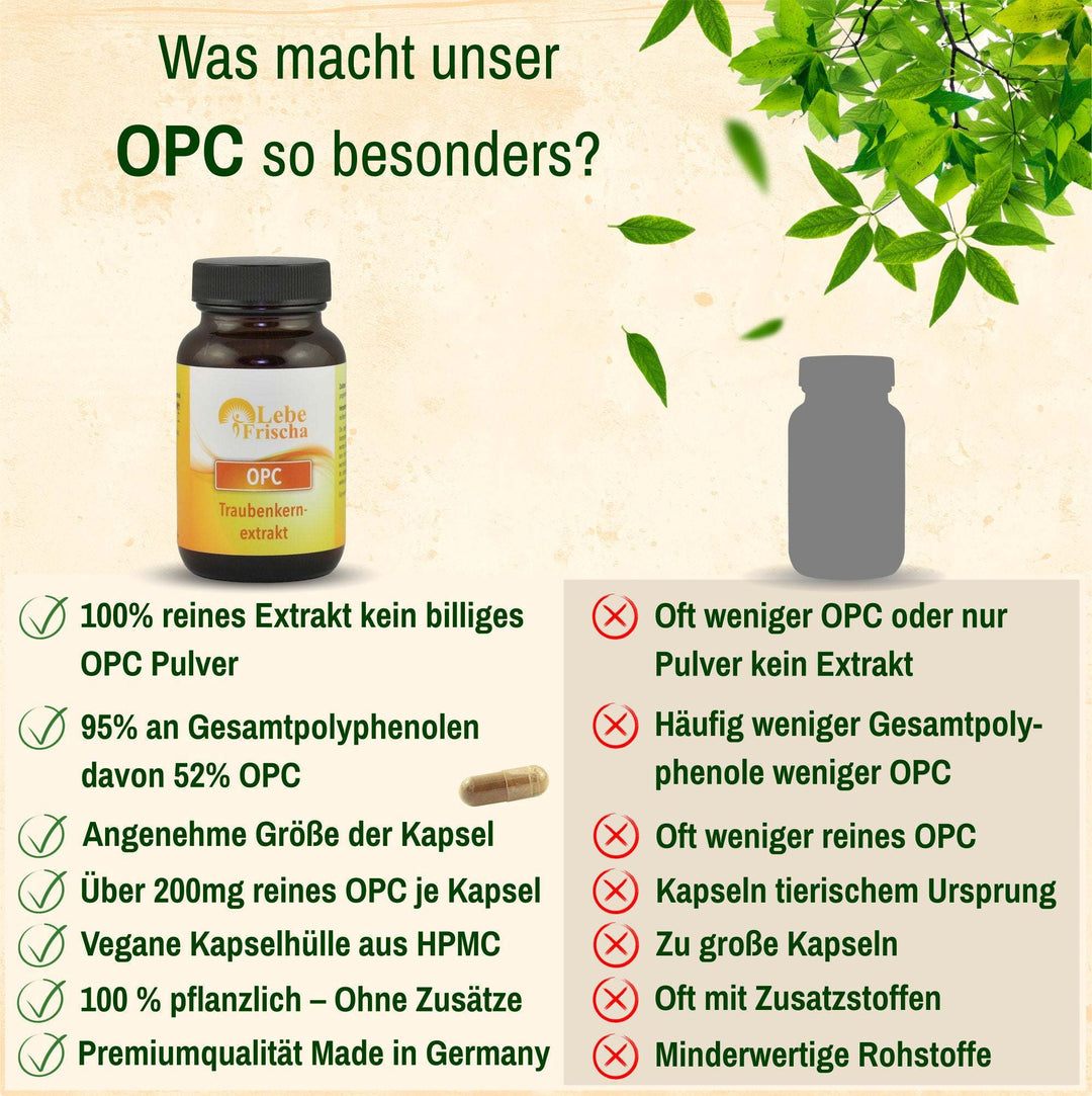 Was macht unser LebeFrischa OPC Traubenkernextrakt so besonders? 100% Extrakt, vegan, made in Germany.