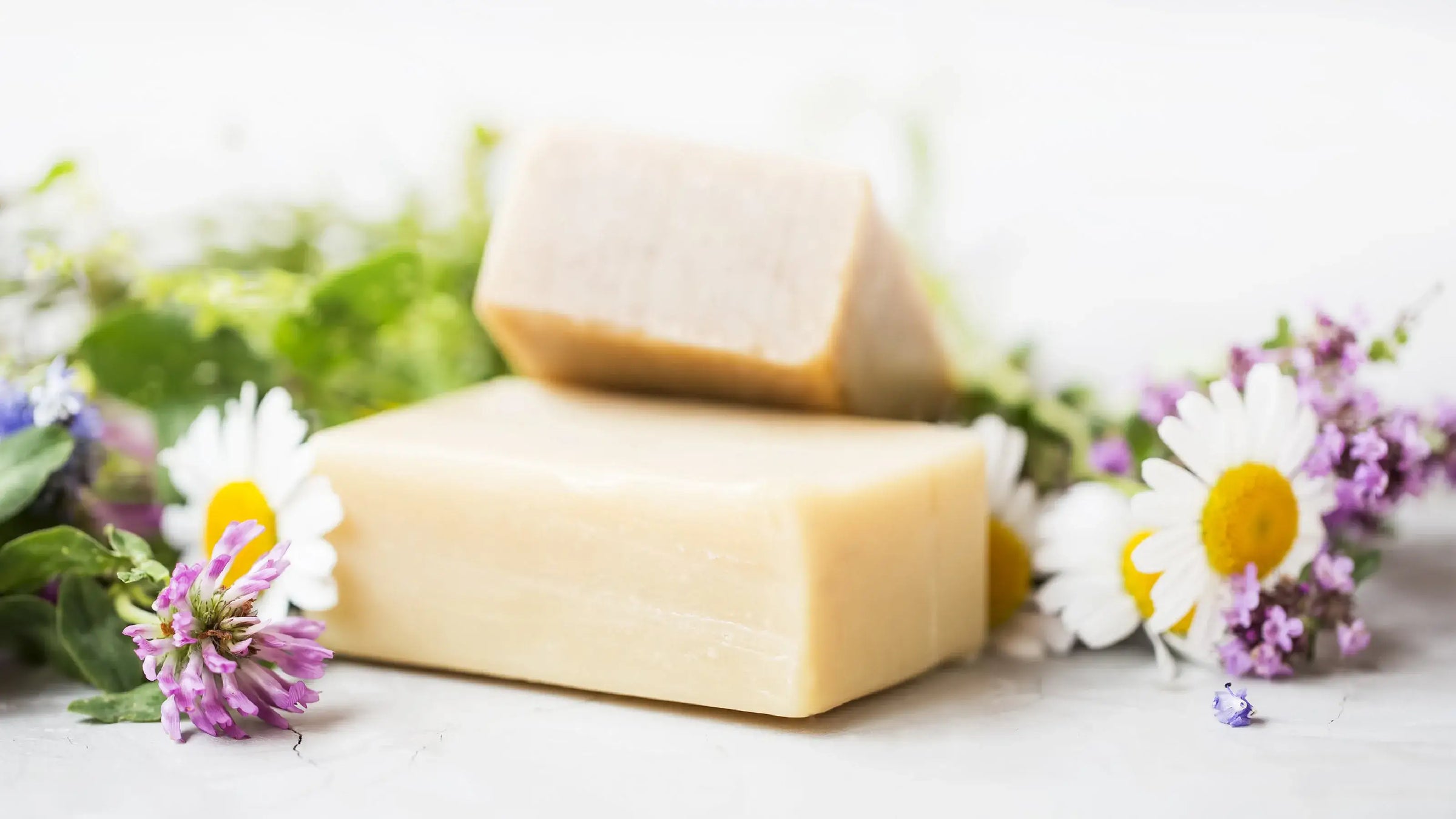 Natürliche Seifenstücke umringt von Blüten – Symbol für sanfte Pflege & Naturkosmetik