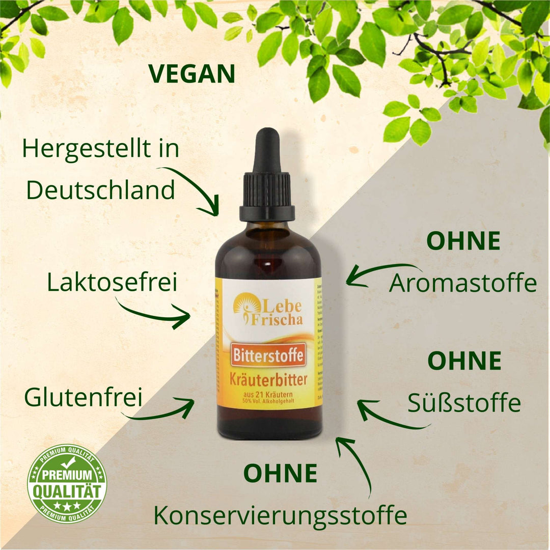 Unsere LebeFrischa Bitterstoffe Tropfen sind vegan, glutenfrei, laktosefrei und kommen ohne Zusätze aus.