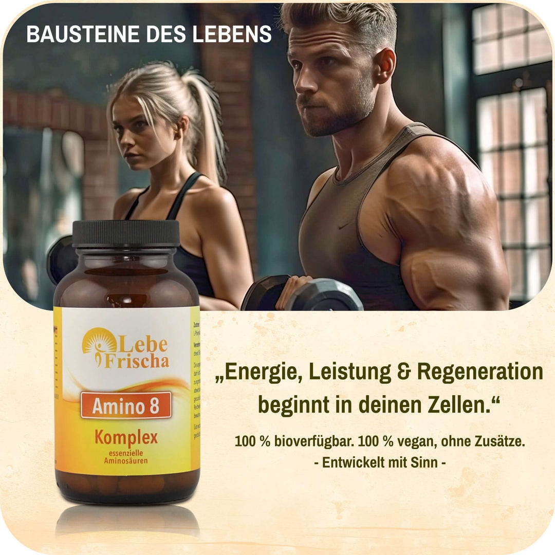 Paar beim Training und einer Hantel in der Hand, daneben das Produkt Amino 8 Komplex der Marke LebeFrischa.
