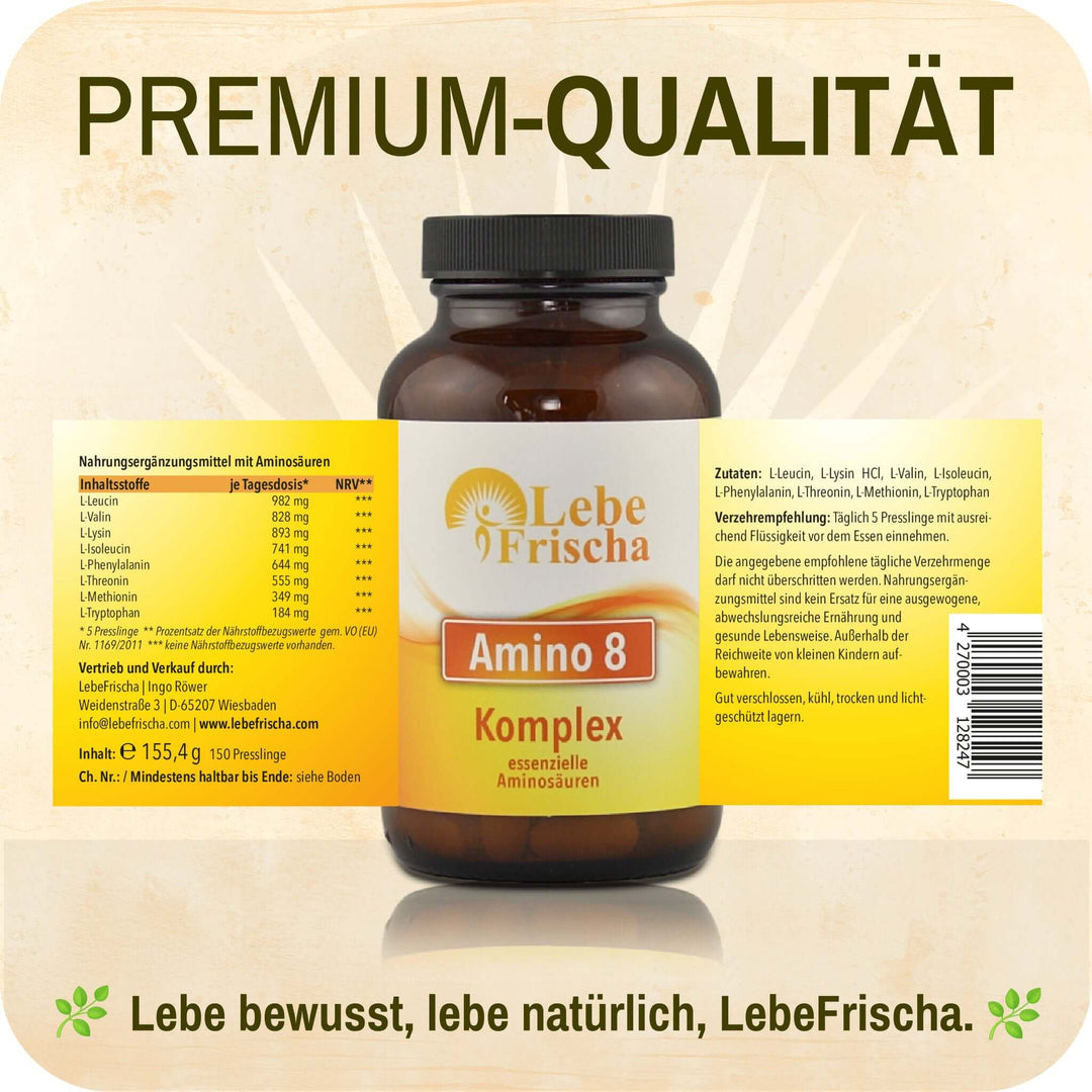 Produkt Amino  8 Komplex der Marke LebeFrischa mit aufgeklapptem Etikett.