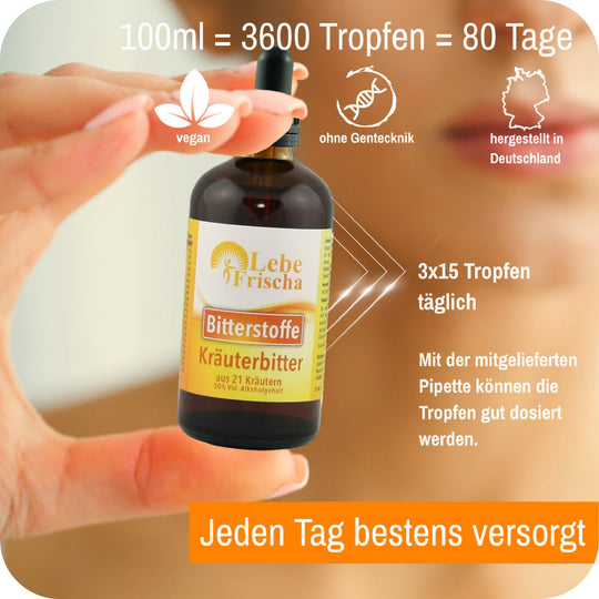 Foto einer Hand mit Pipettenflasche und dem sichtbaren Text zu Menge, Angaben und Eigenschaften des Produkts Bitterstoffe Tropfen.