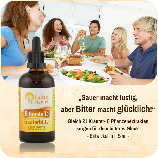 Eine runde junger Menschen beim gemeinsamen Essen, daneben das Produkt Bitterstoffe Tropfen der Marke LebeFrischa.