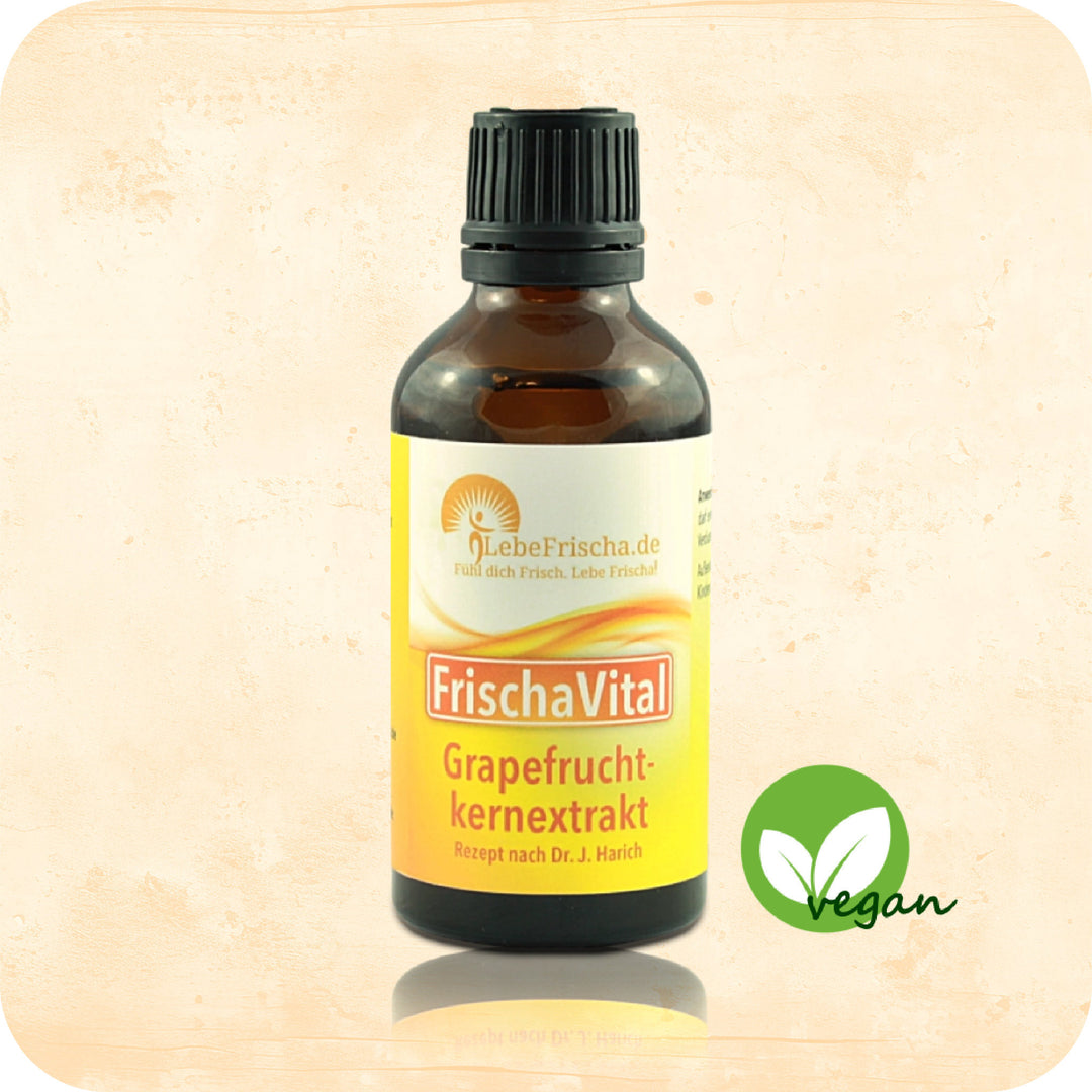Das Produkt Grapefruitkernextrakt der Marke LebeFrischa in einer Braunglasflasche.