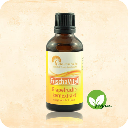Das Produkt Grapefruitkernextrakt der Marke LebeFrischa in einer Braunglasflasche.