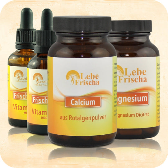 Das Produkt Bundle Knochen Aktiv Plus Paket der Marke LebeFrischa in Braunglasflaschen.