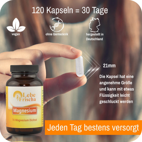 Foto einer Hand mit Kapsel und einer Produktflasche sowie sichtbarem Text zu Menge, Eigenschaften und Angaben zum Produkt Magnesium.