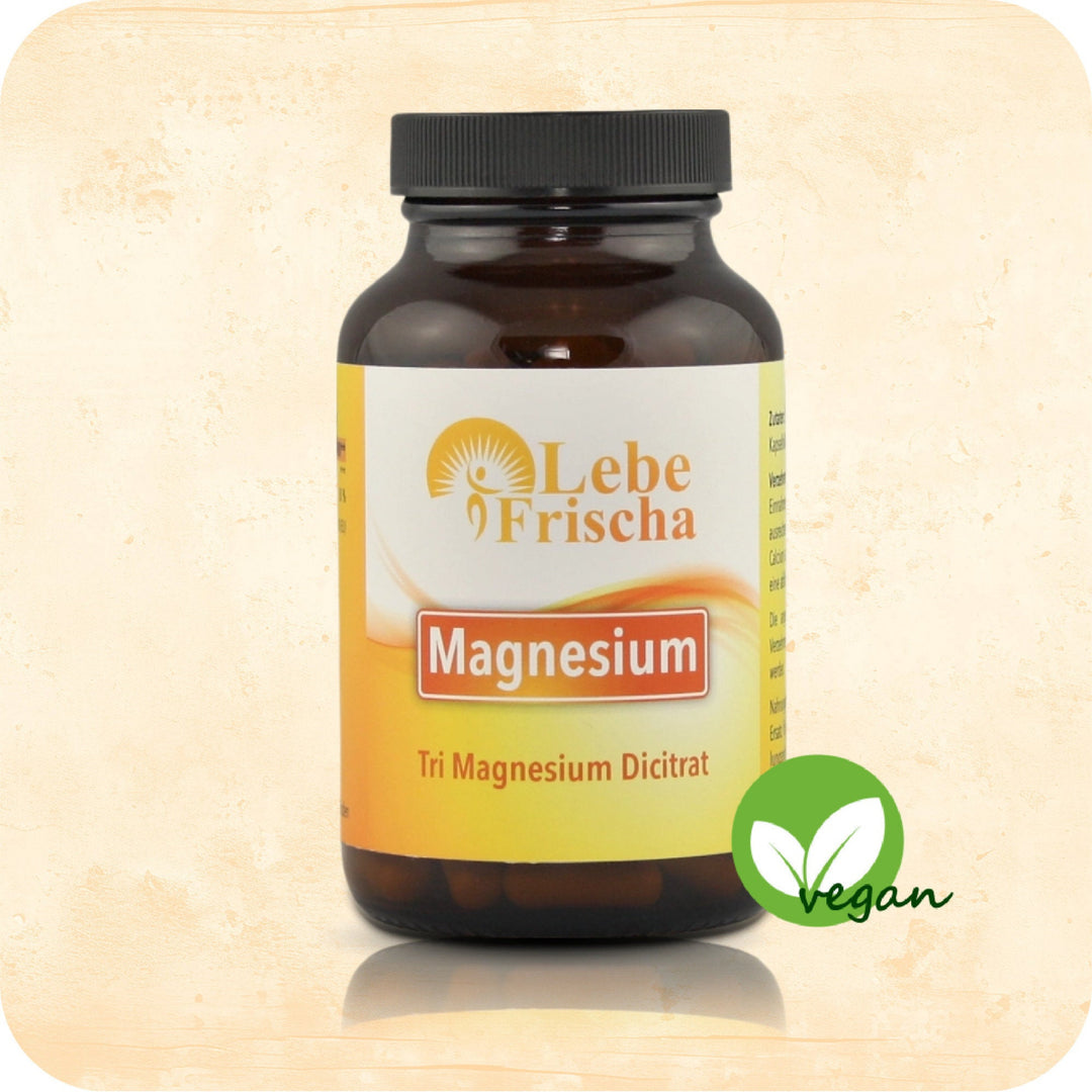 Das Produkt Magnesium der Marke LebeFrischa in einer Braunglasflasche.