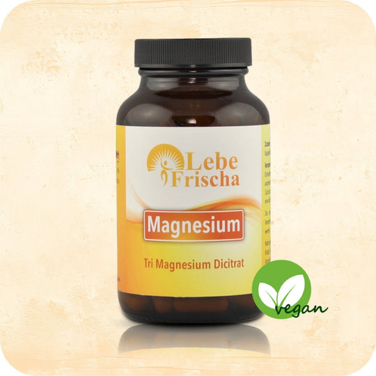 Das Produkt Magnesium der Marke LebeFrischa in einer Braunglasflasche.