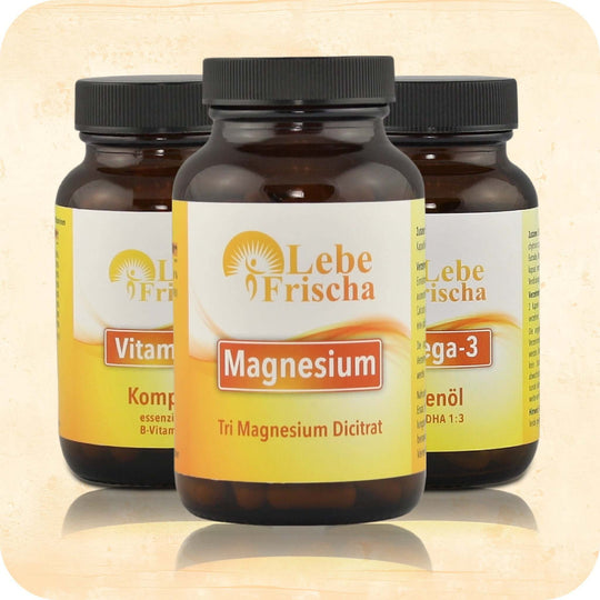 Das Produkt Bundle Mental Power Plus Paket der Marke LebeFrischa in Braunglasflaschen.