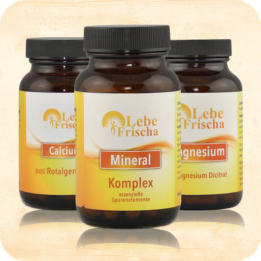 Das Produkt Bundle Mineral Vital Paket der Marke LebeFrischa in Braunglasflaschen.
