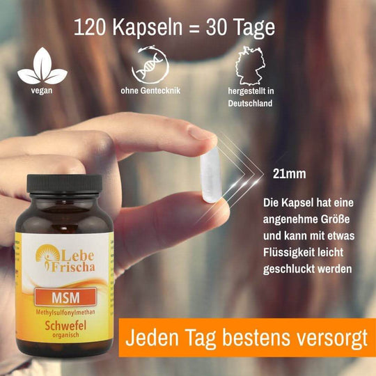 Foto einer Hand mit Kapsel und einer Produktflasche sowie sichtbarem Text zu Menge, Eigenschaften und Angaben zum Produkt MSM.