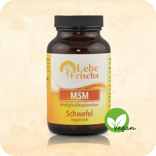Das Produkt MSM der Marke LebeFrischa in einer Braunglasflasche.