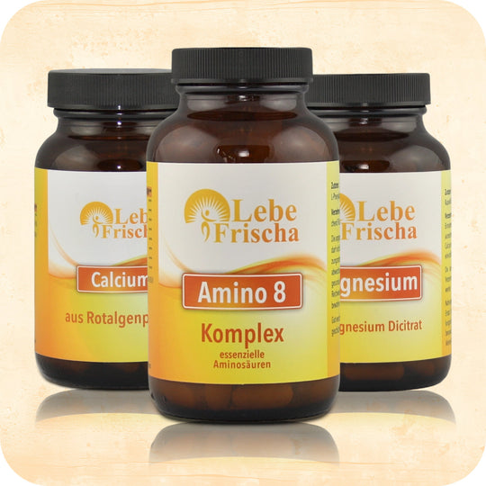 Das Produkt Bundle Muskel Power Paket der Marke LebeFrischa in Braunglasflaschen.