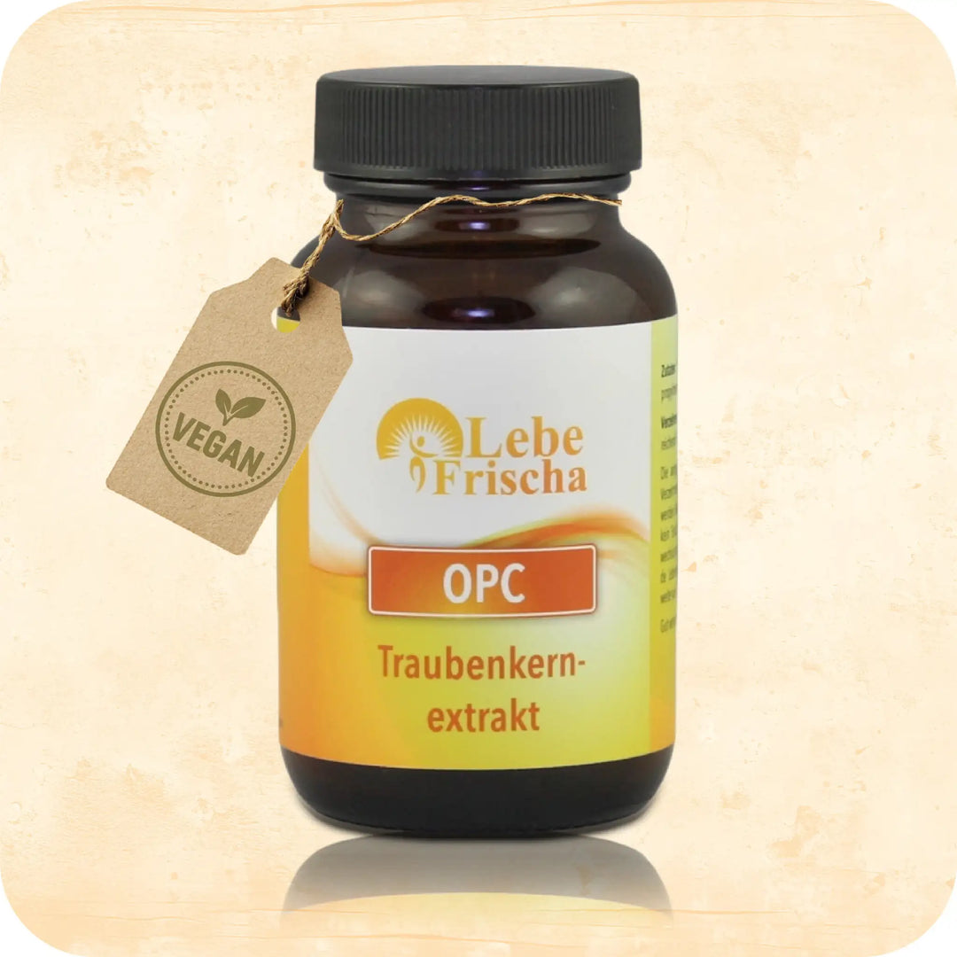 OPC Traubenkernextrakt der Marke LebeFrischa in einer Braunglasflasche.
