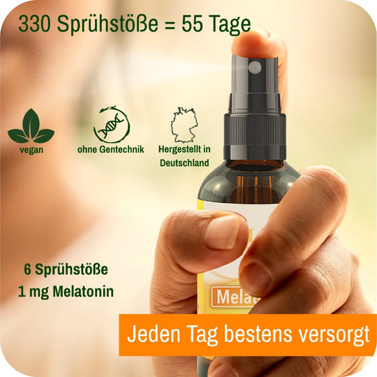 Foto einer Hand mit Produktflasche sowie sichtbarem Text zu Menge, Eigenschaften und Angaben zum Produkt Schlafspray Komplex.