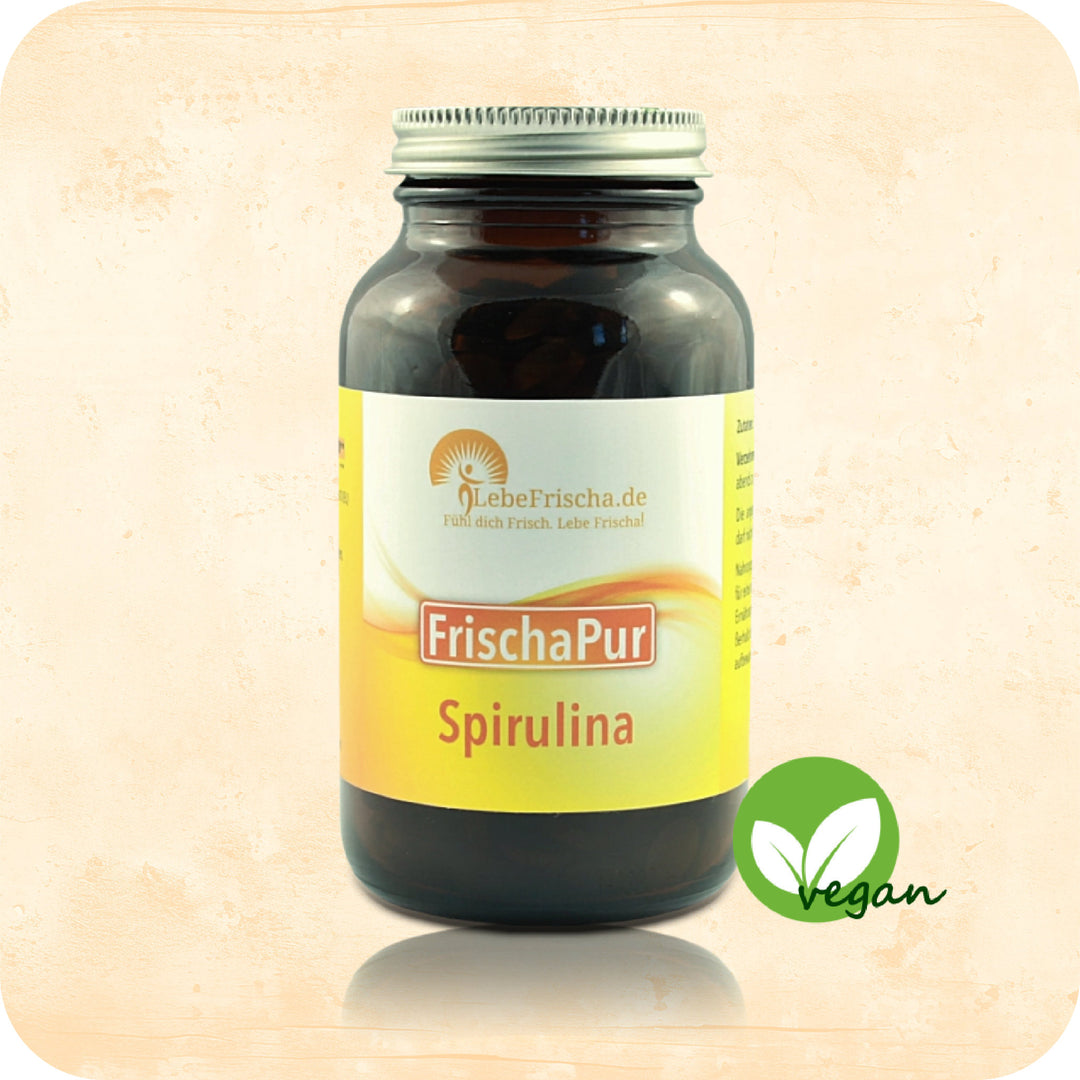 Das Produkt Spirulina der Marke LebeFrischa in einer Braunglasflasche.