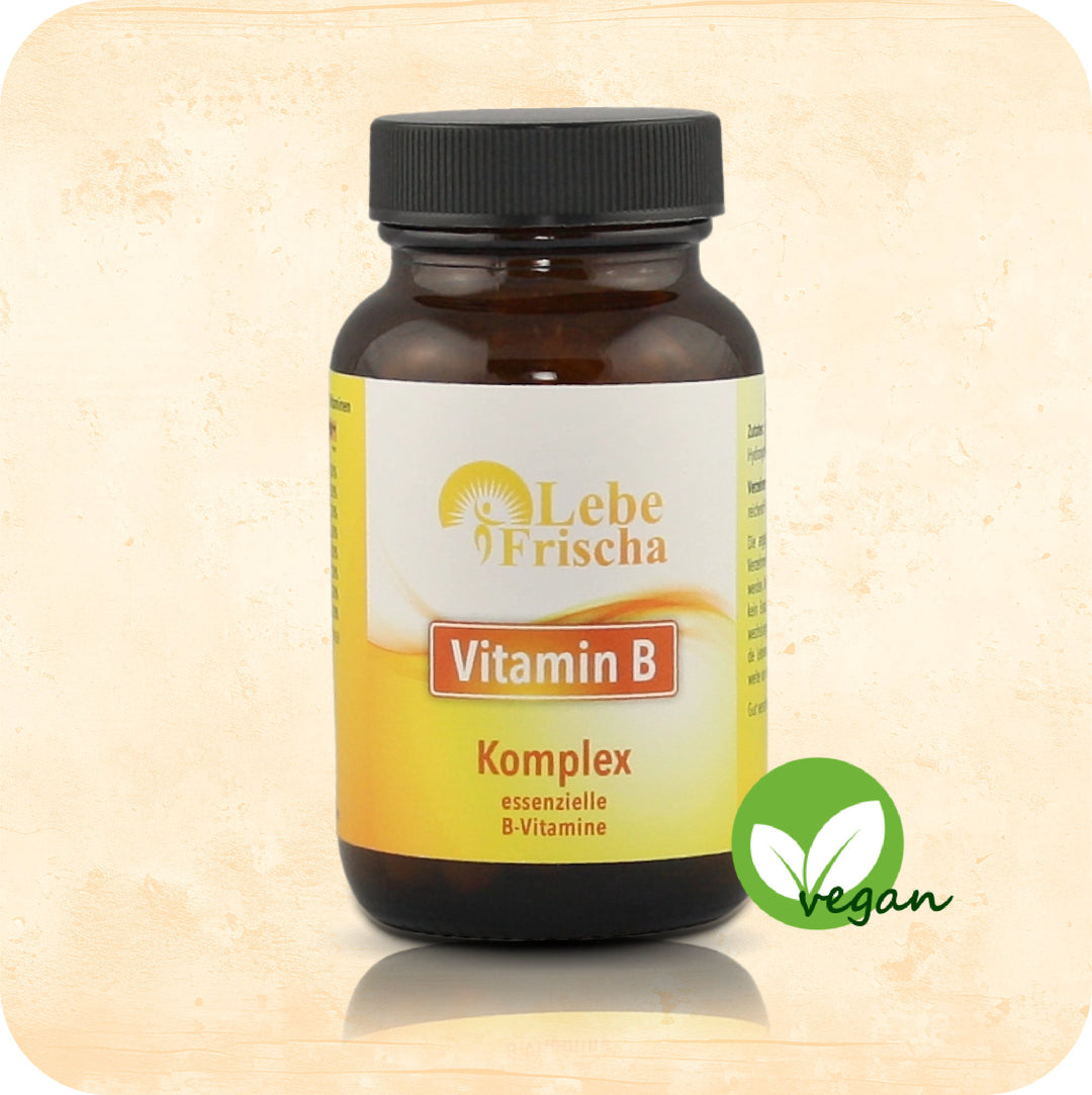 Das Produkt Vitamin B Komplex der Marke LebeFrischa in einer Braunglasflasche.
