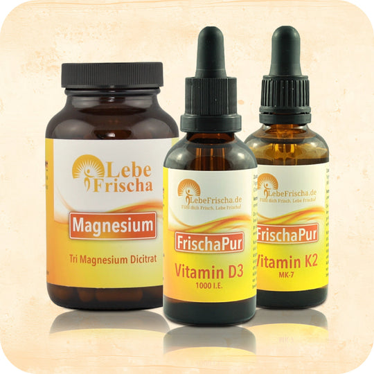 Das Produkt Bundle Vitamin D Power Plus Paket der Marke LebeFrischa in Braunglasflaschen.