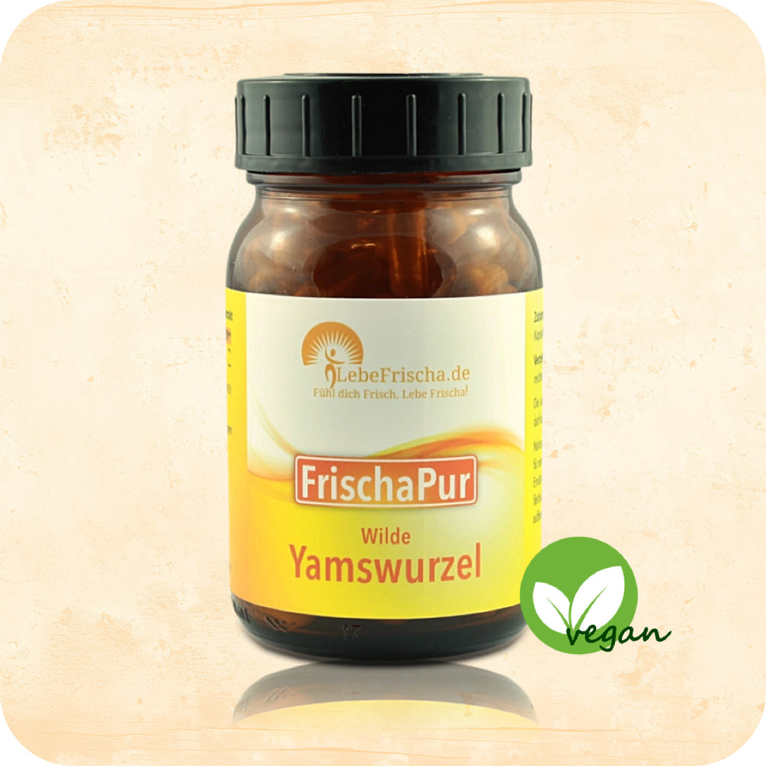 Das Produkt Wilde Yamswurzel der Marke LebeFrischa in einer Braunglasflasche.