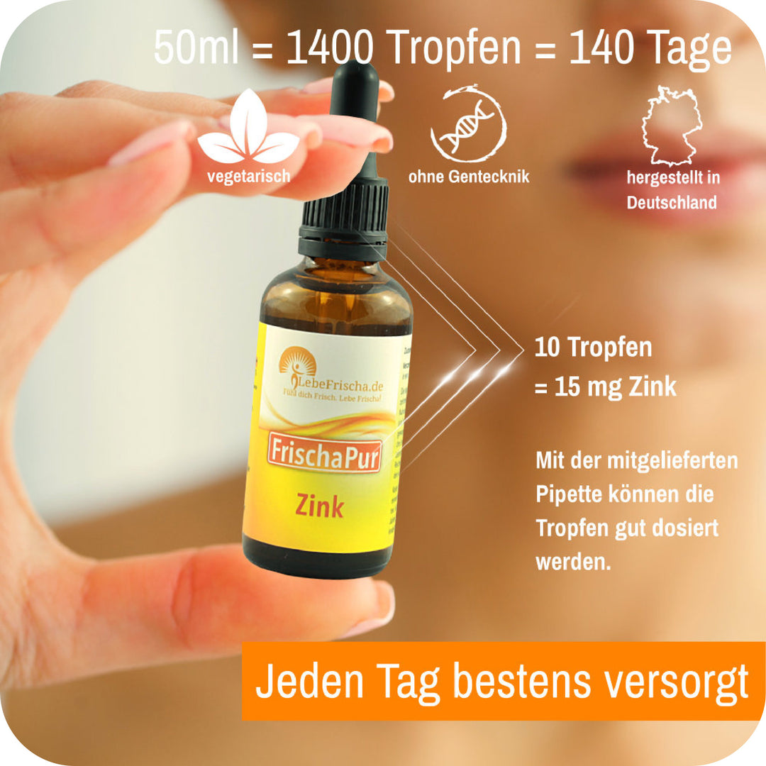 Foto einer Hand mit Pipettenflasche und dem sichtbaren Text zu Menge, Angaben und Eigenschaften des Produkts Zink Tropfen.