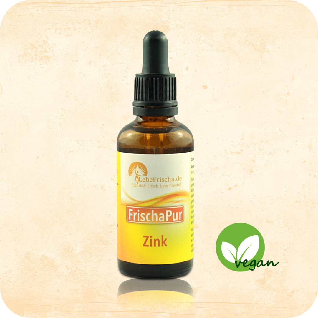 Das Produkt Zink Tropfen der Marke LebeFrischa in einer Braunglasflasche.