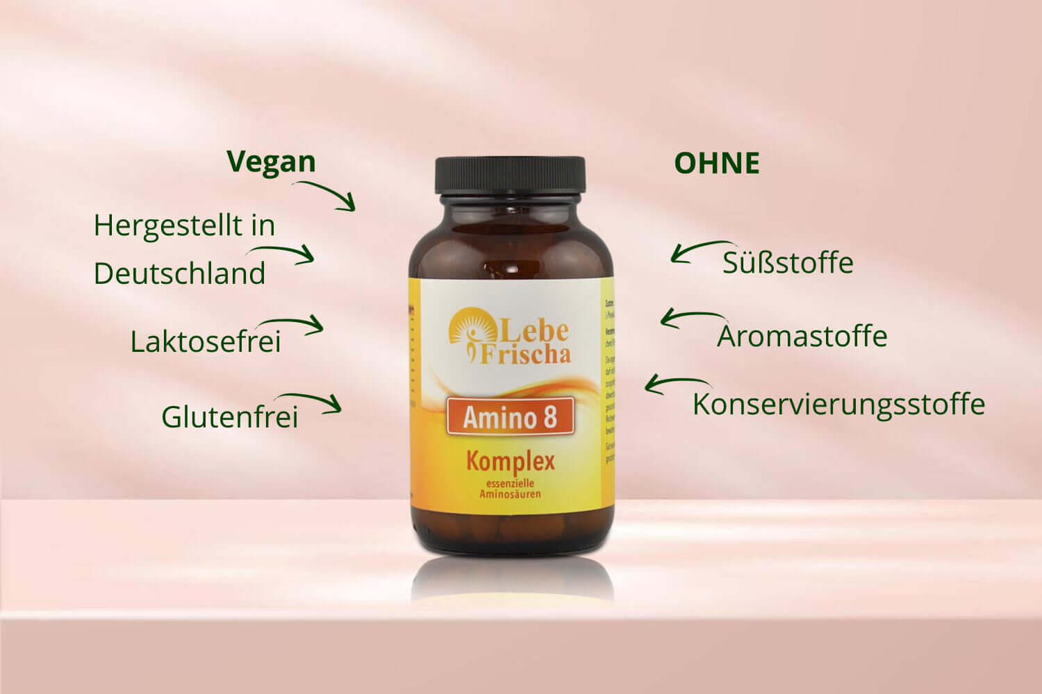 Amino 8 Komplex der Marke LebeFrischa mit umliegenden Produktmerkmalen wie vegan, hergestellt in Deutschland und frei von Zusatzstoffen.