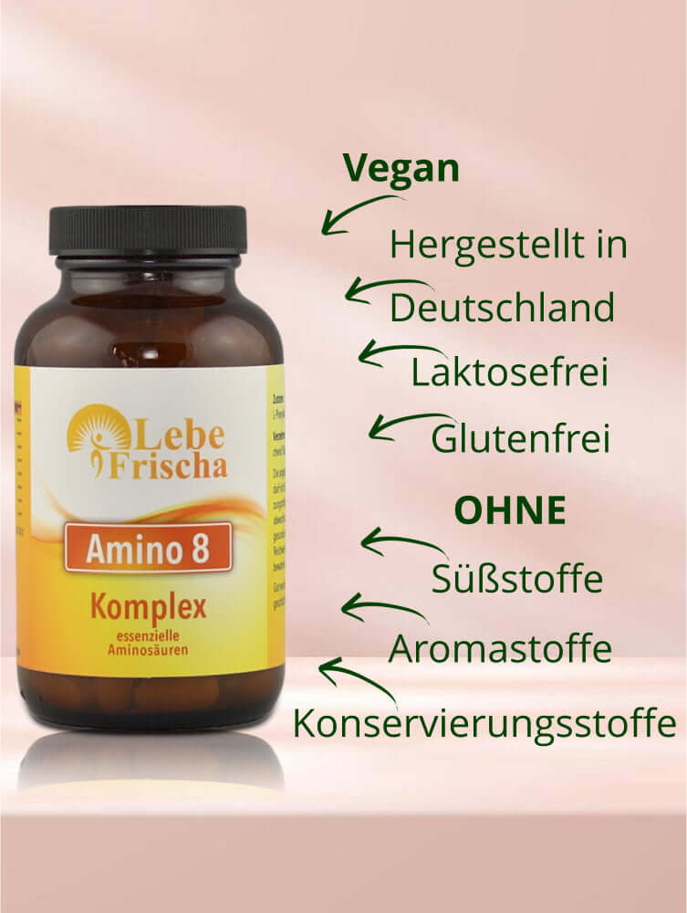 Amino 8 Komplex der Marke LebeFrischa mit umliegenden Produktmerkmalen wie vegan, hergestellt in Deutschland und frei von Zusatzstoffen.