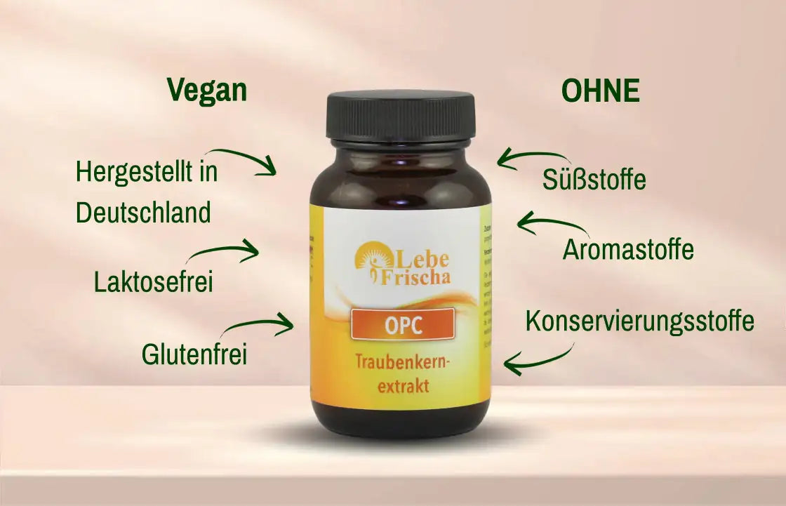 OPC Traubenkernextrakt der Marke LebeFrischa mit umliegenden Produktmerkmalen wie vegan, hergestellt in Deutschland und frei von Zusatzstoffen.