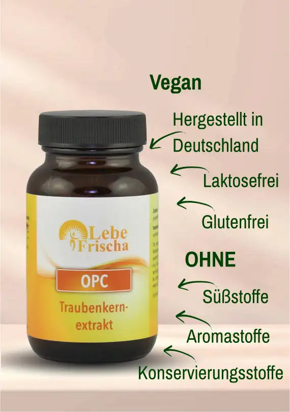 OPC Traubenkernextrakt der Marke LebeFrischa mit umliegenden Produktmerkmalen wie vegan, hergestellt in Deutschland und frei von Zusatzstoffen.