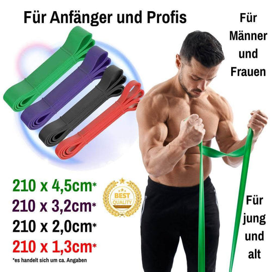 Vier farbige Widerstandsbänder und ein Mann beim Training.